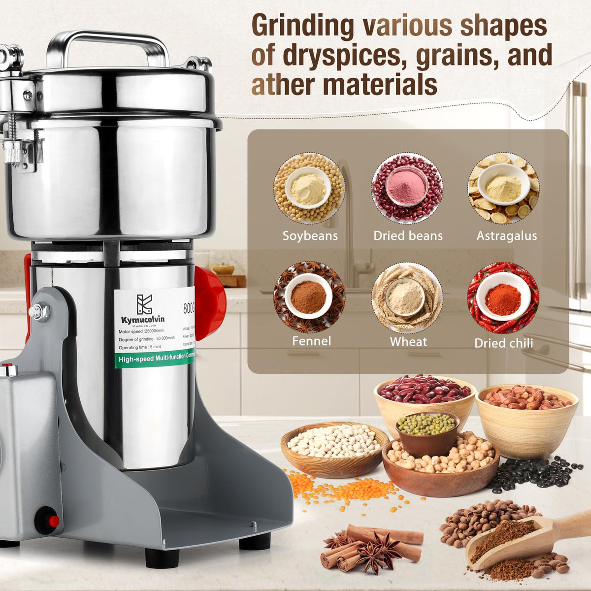 Kymucolvin Electric Grain Mill Grinder-800g 110V 3000W Performance Grain Mill,Suitable for Kitchen, Household,Commercial Use of Crushing Dry Grains,Spices,Herbs,Coffee,Corn,Pepper Grinder.(800g)