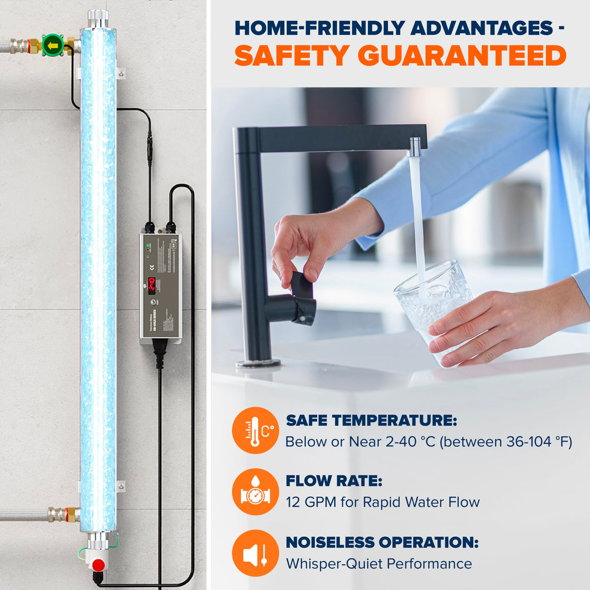 UV Water Purification System 55W, 12 GPM - UV Water Filter with Smart Flow Sensor Switch - Whole House UV Water Purifier Ensuring Water Purity - UV Light for Well & City Water + 1 Extra Lamp
