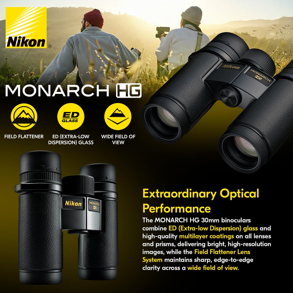Nikon Monarch HG 8x30mm Binocular - Wide Field of View, Multicoated Optics, High-Definition Viewing - Lightweight Waterproof Fogproof Outdoor Nature Observation Binoculars (16575)