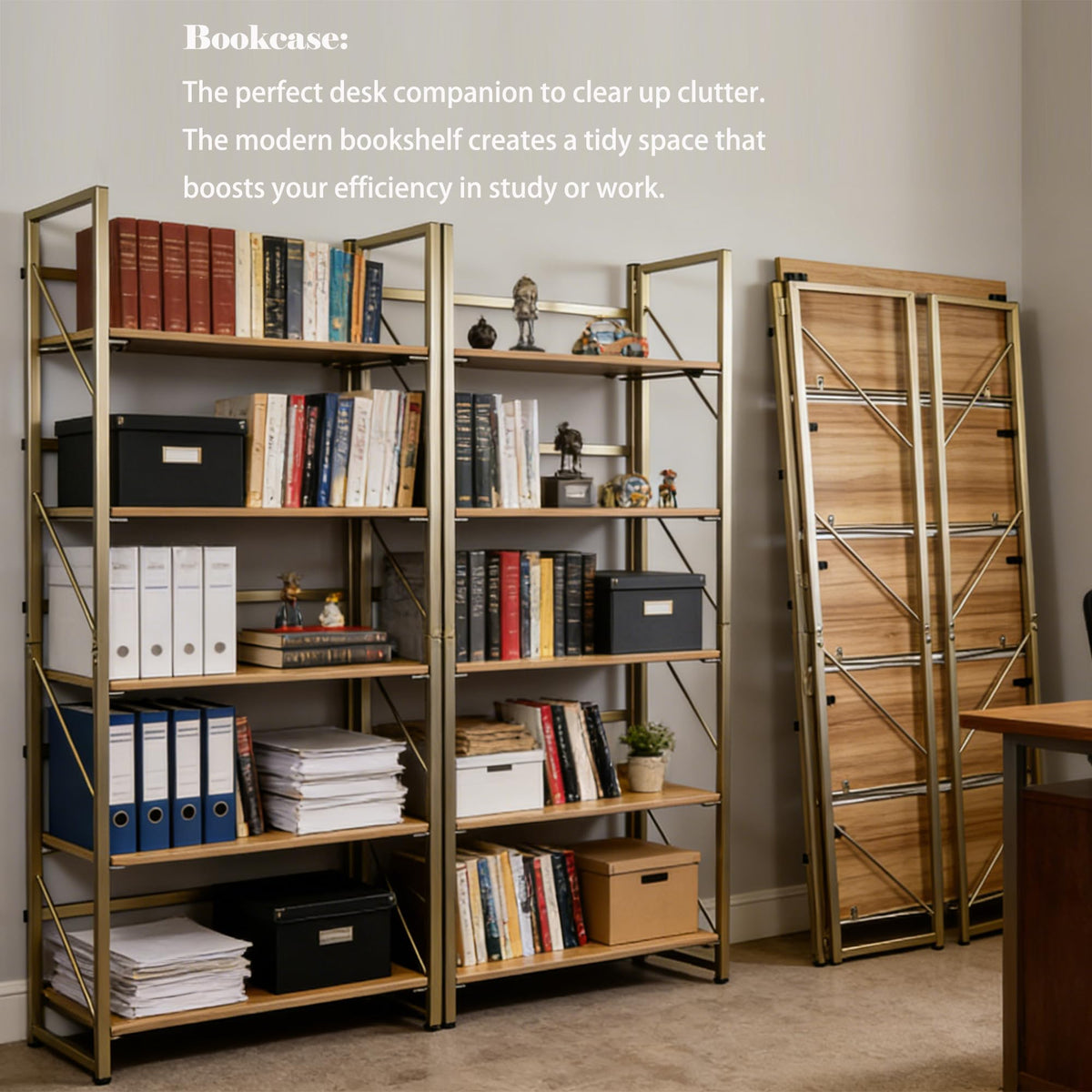 Kogven Folding Bookshelf, 2-in-1 Convertible Design, Multifunctional Plant Stand Storage Rack Shelves for Home Office, Easy Assembly, 5-Tier,Gold & Nature Wood