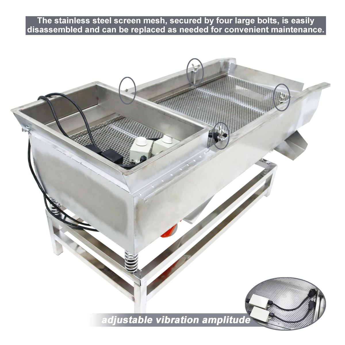 TECHTONGDA Straight Vibrating Sieve Screen Shaker Electric Linear Sifter Machine Stainless Steel Two Layers Two Motors 4mm 1mm Screen Size 15.7×37.4inch 110V