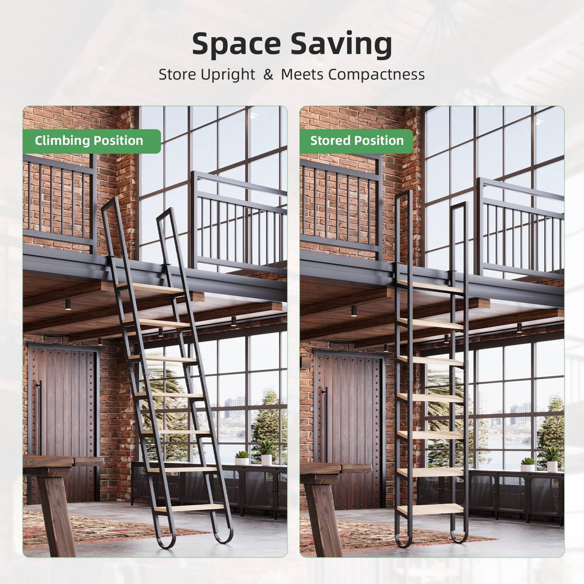 11.35FT Industrial Style Loft Ladder, 9 Steps with Black Steel Handrails & Solid Wood Steps, 450lbs Capacity, Fits 9.2-10FT Installation Height,for Attic, Kitchen, Warehouse,Bookshelf& Outdoor