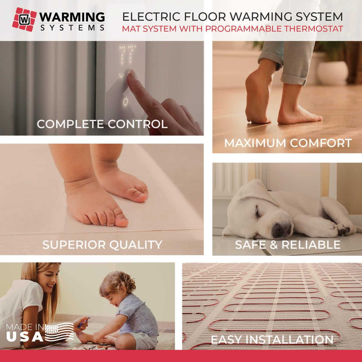 Warming Systems 10 Sqft Electric Radiant Floor Heating Mat – 120V Heated Tile Floor System with Programmable Thermostat (TH115), Floor Sensor, Installation Monitor & 25 Year Warranty, USA Made