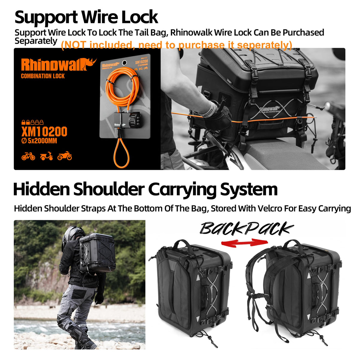 Rhinowalk 36L Motorcycle Tail Bag Hard Shell Top Case Lightweight Waterproof Rear Trunk with MOLLE System & Quick-Release Mounting – Touring Adventure Case