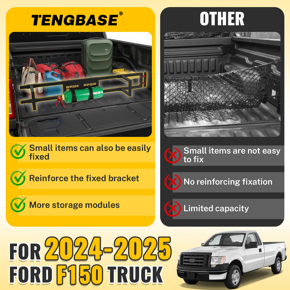 TENGBASE Truck Bed Divider Compatible with 2015-2026 Ford F150, Cargo Manager Molle Panel Truck Bed Organizer Replacement for Ford F-150 Accessories (Without Bed Liner & Pro Power Onboard)