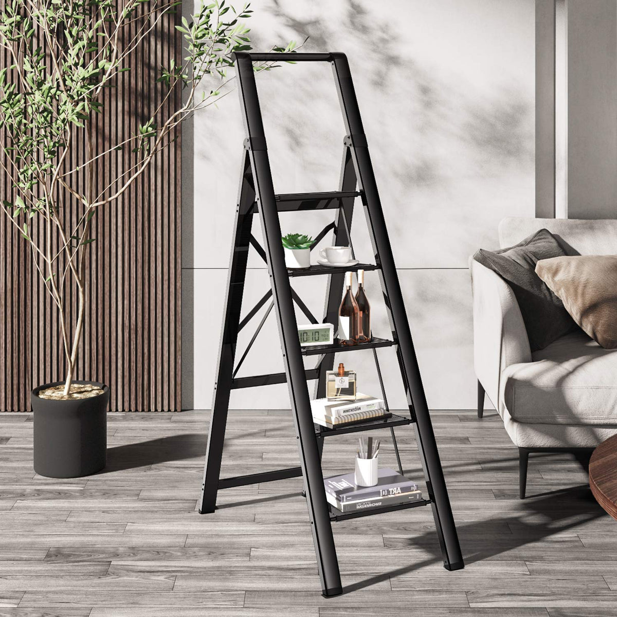 GameGem 5 Step Ladder Folding Step Stool Stepladders with Anti-Slip and Wide Pedal for Home and Kitchen Use Space Saving (Black)