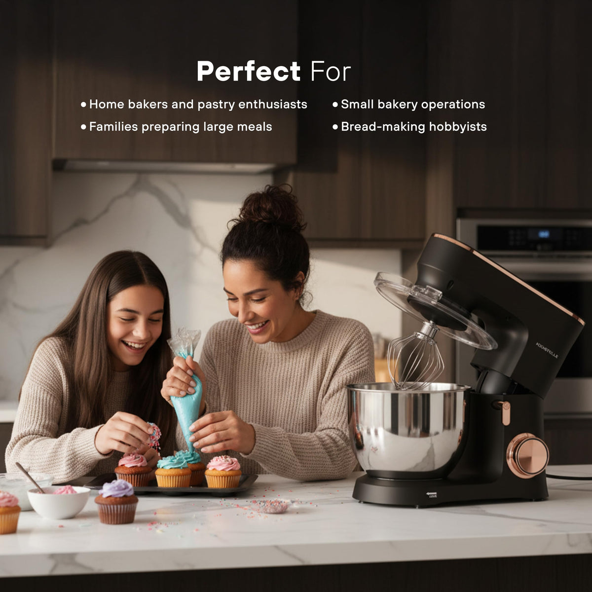 KOCHSTELLE Black Electric Stand Mixer 6.8 Quart Qt, 660W, 6-Speed Adjustable, Stainless Steel Planetary, Portable, Compact & Elegant Kitchen Mixer for Baking & Cooking