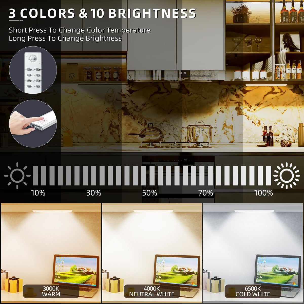 MEKKLEON Under Cabinet Lighting Wireless, 66 LED Rechargeable Battery Operated Motion Sensor Light, 3 Color Closet Lights USB Charging, Dimmable Under Counter Lights with Remote for Kitchen (5, 40cm)