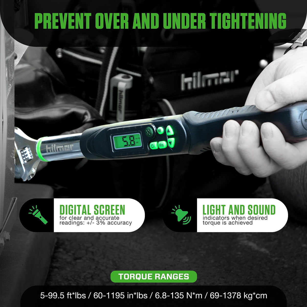 Hilmor 1963826 Digital Adjustable Torque Wrench for Mini-Split, HVAC Tools and Equipment, Digital LCD Screen, Light and Sound Indicators