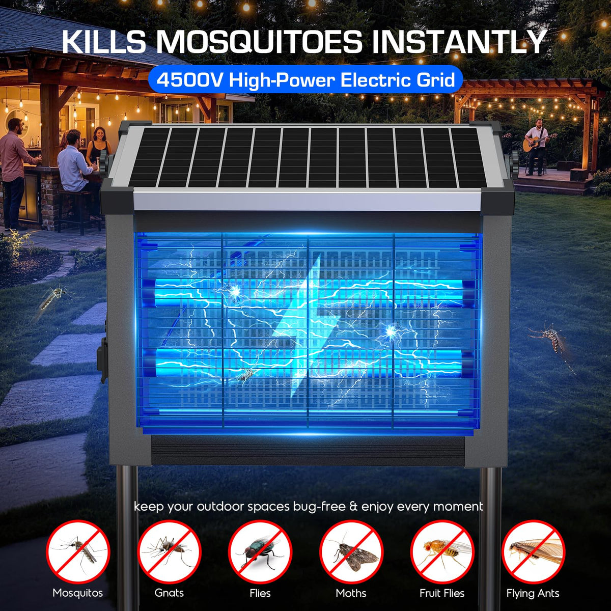 Solar Bug Zapper Outdoor Waterproof, 4500V High Power Cordless Mosquito Zapper with Smart Light Sensor, Dual Solar & USB Rechargeable Insect Killer for Patio, Garden, Backyard, Indoor & Outdoor Use