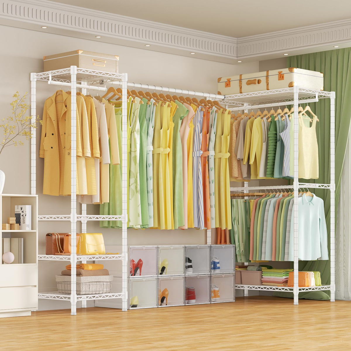 ULIFHOME E10L L-Shaped Clothes Rack for Corner（With Expandable Hanger Rod）Heavy Duty Freestanding Clothing Racks for Hanging Clothes，Portable Garment Rack 58-82"W x 30"D x 72"H，Max Load 900LBS, White