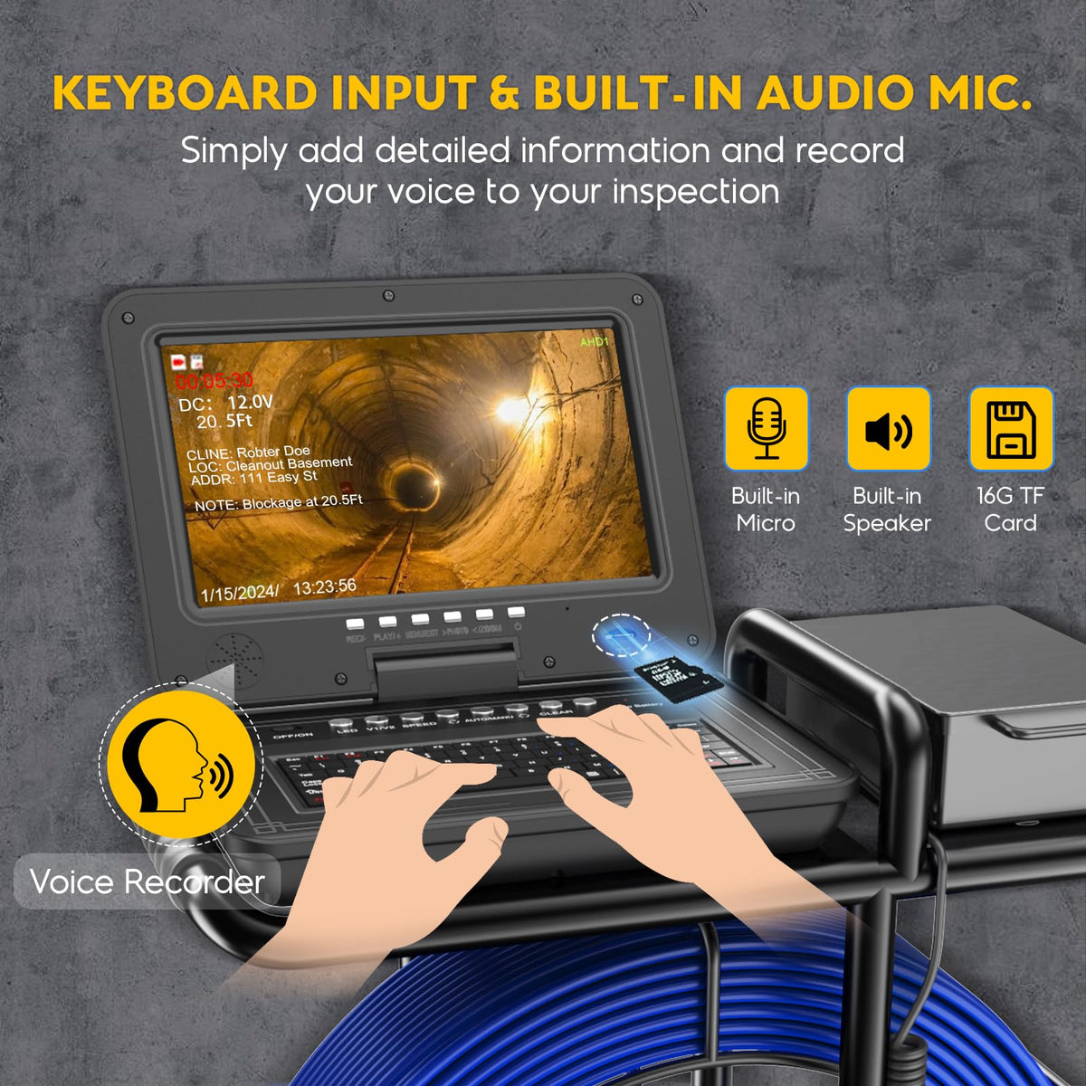 Anysun Sewer Camera 512Hz, Self-Leveling & Distance Counter, 7mm Thicker Cable, Keyboard, 10" IPS Adjustable Monitor,1-Touch Video/Audio, Drain Pipe Inspection Camera IP68 with DVR & 16GB Card - 165Ft