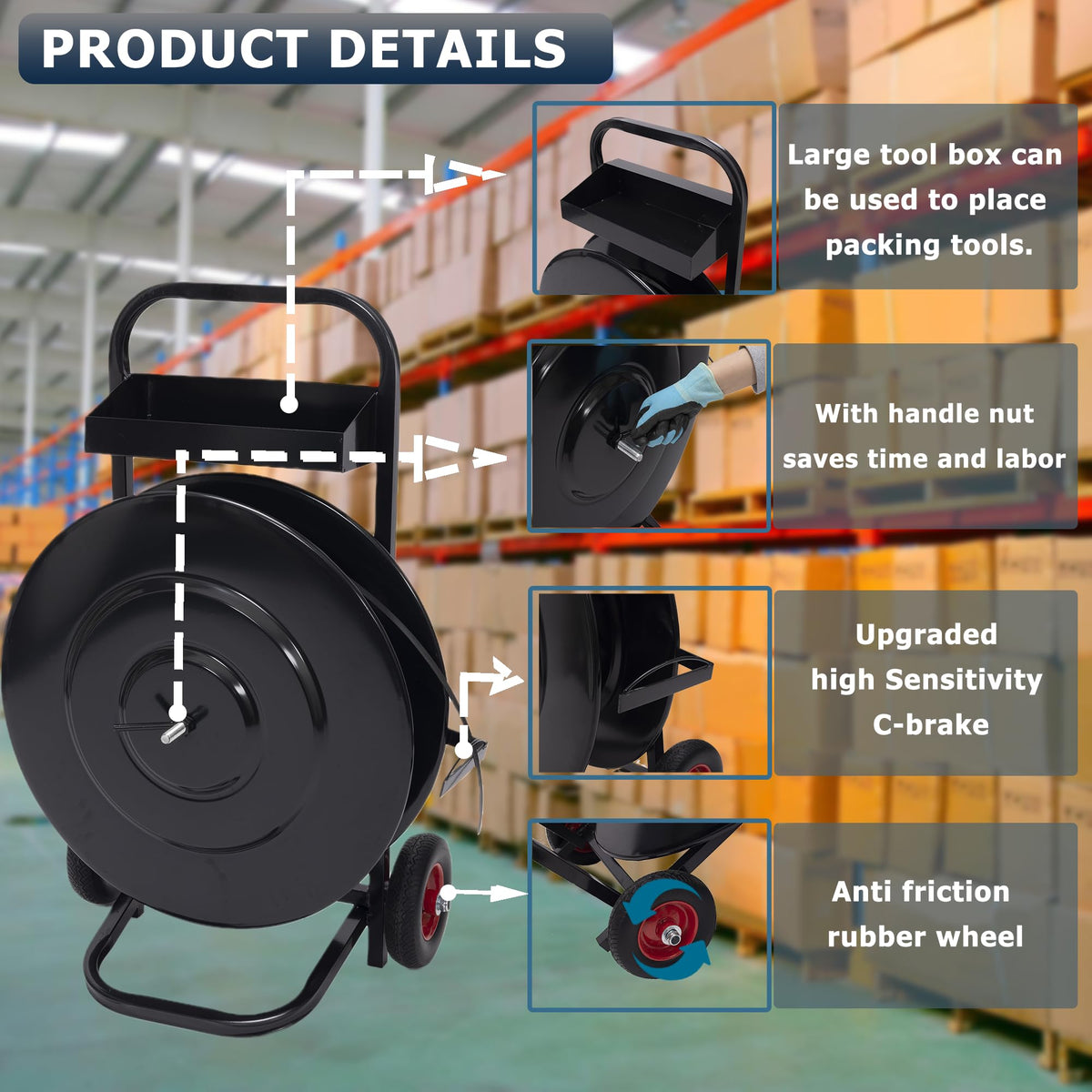 Heavy Duty Banding Strapping Cart & Dispenser - Fits 8" x 8"/16" x 16" Poly/Plastic Steel/Fibre Strapping - Built-in Tool Tray for Seals/Tensioner & Durable Frame (Black)