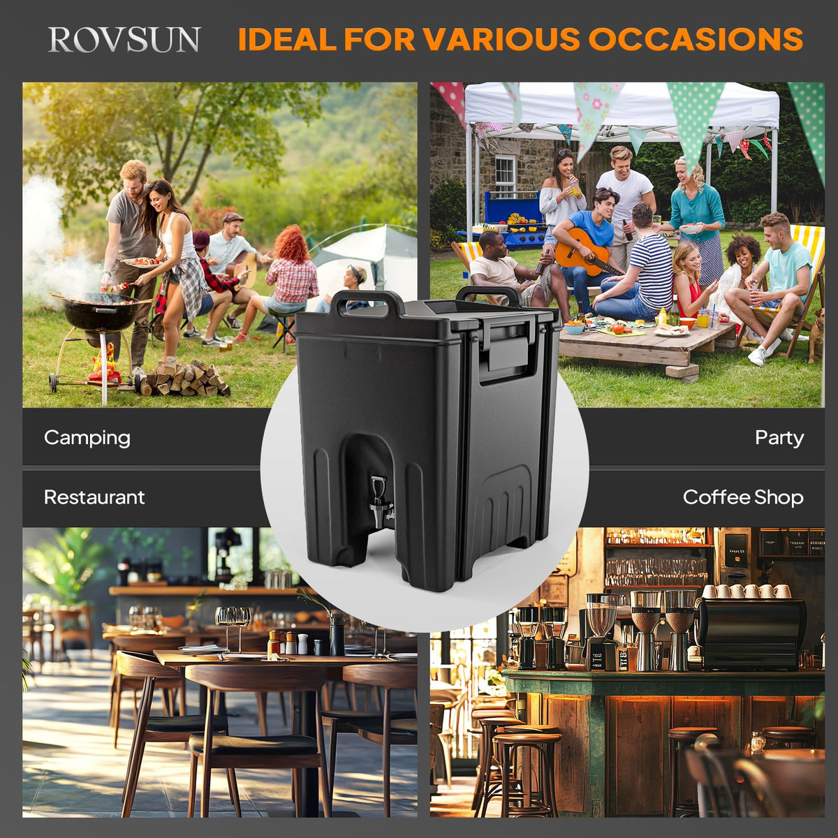 Bonnlo 12 Gallons Insulated Beverage Dispenser, Food-grade LLDPE Cold and Hot Drink Dispenser with Faucet, Handles, Beverage Server Keep Coffee Warm, Drink Container Cooler for Catering Party, Black