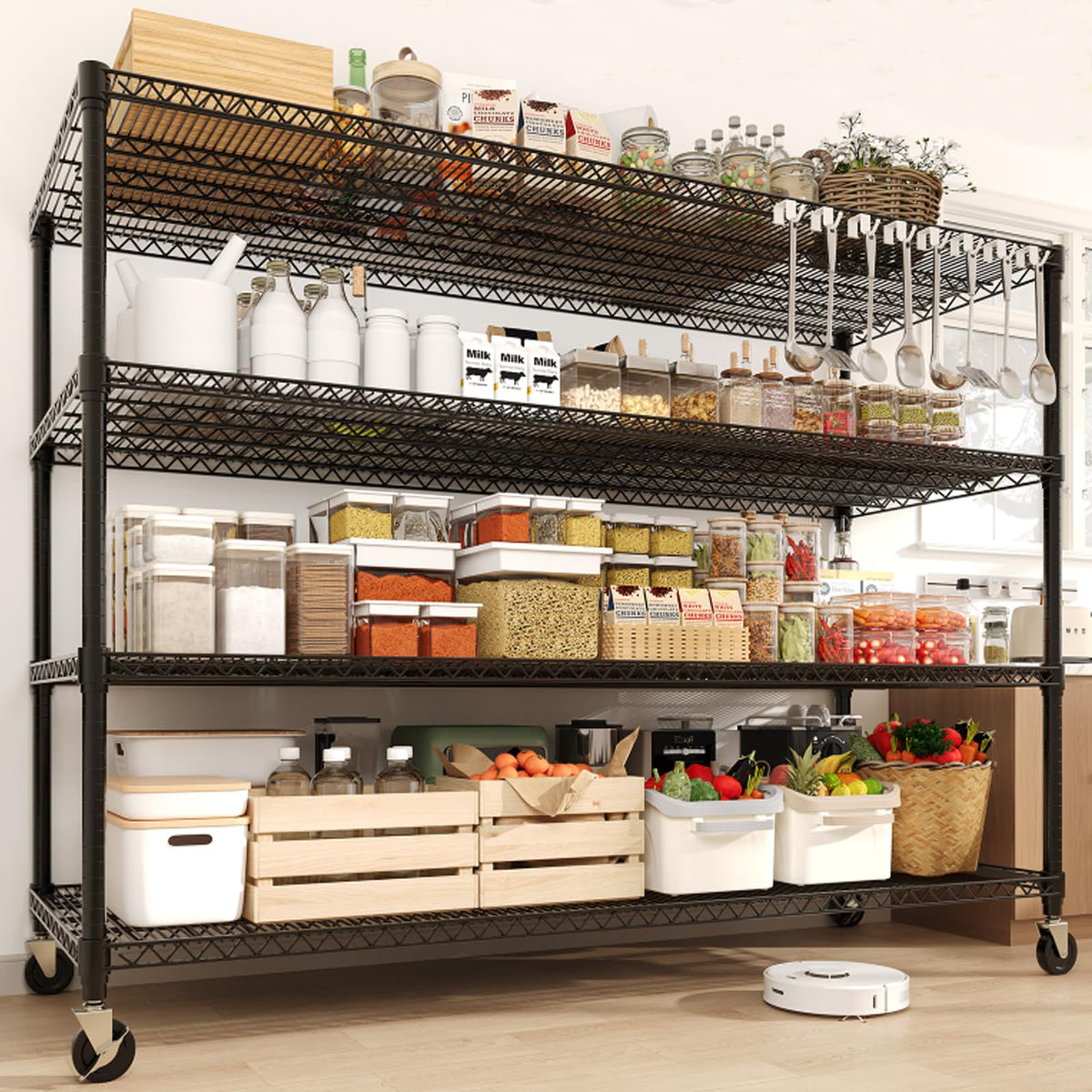 IDEALHOUSE Storage Shelves with Wheels, 74" H x 59" W x 24" D 4 Tier Adjustable Wire Shelving Unit, 2640 Lbs Capacity Heavy Duty Metal Storage Rack for Garage, Pantry, Kitchen, Warehouse