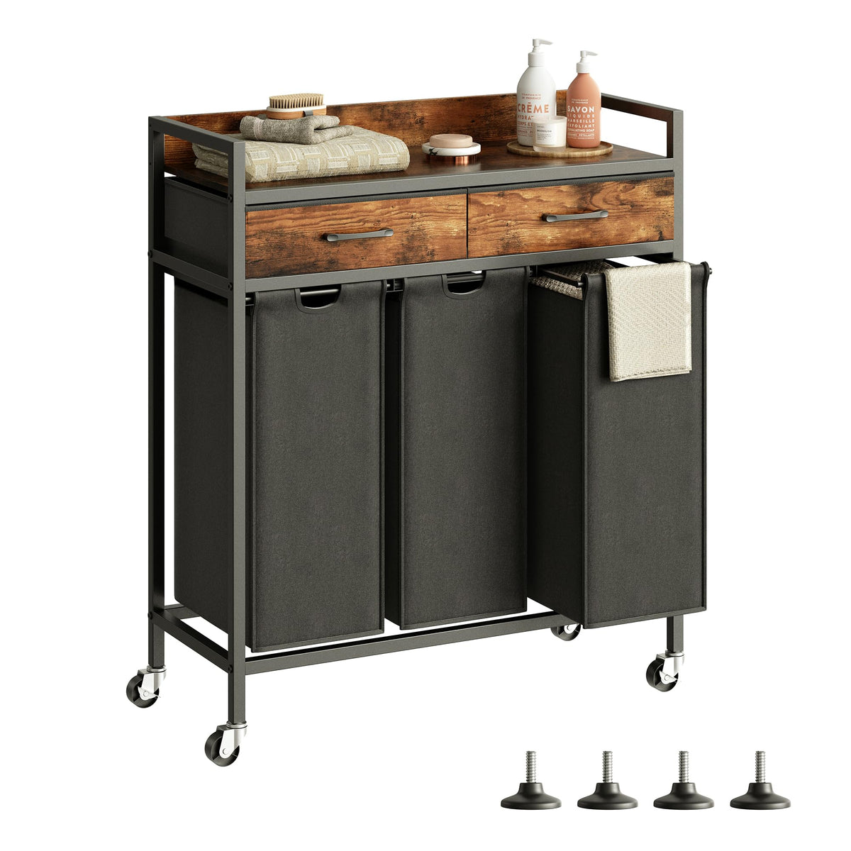 Herture Laundry Sorter 3 Section Laundry Hamper with Shelf, Durable 3 Section Laundry Basket with Rolling Wheels & Storage Drawers, 3 x 13.26 Gallons (50L), Rustic Brown PF09XLY