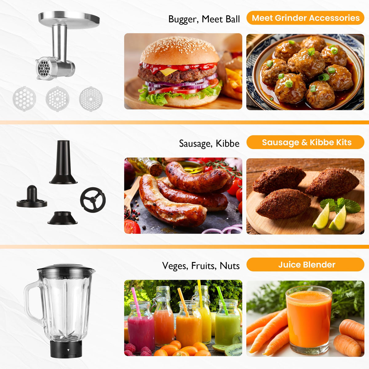 Sunvivi 6-in-1 Multifuctional Stand Mixer, 6.5QT Tilt-Head Dough Mixer, Electric Stand Mixer with Stainless Steel Bowl for Cake, Bread, and Dough, with Meat Grinder, Juice Blender & Pasta Maker