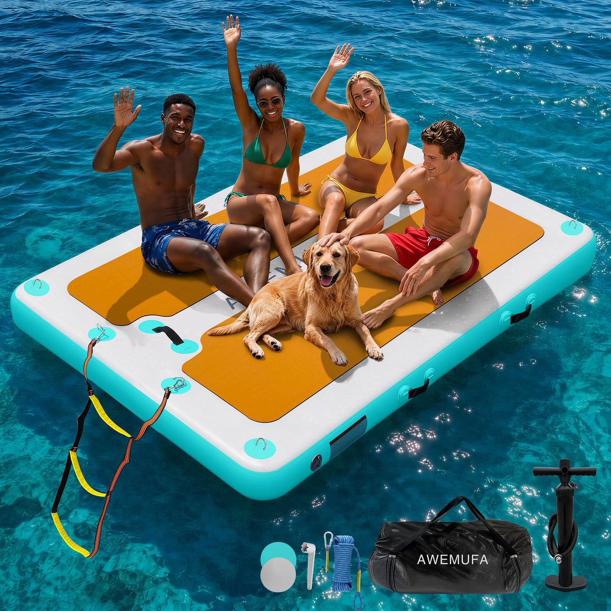 AWEMUFA 10ft x 6ft Inflatable Floating Dock, Inflatable Dock Floating Platform, Inflatable Raft Island with Non-Slip PVC Surface, Floating Mat Lake Floats for Pool Beach Ocean