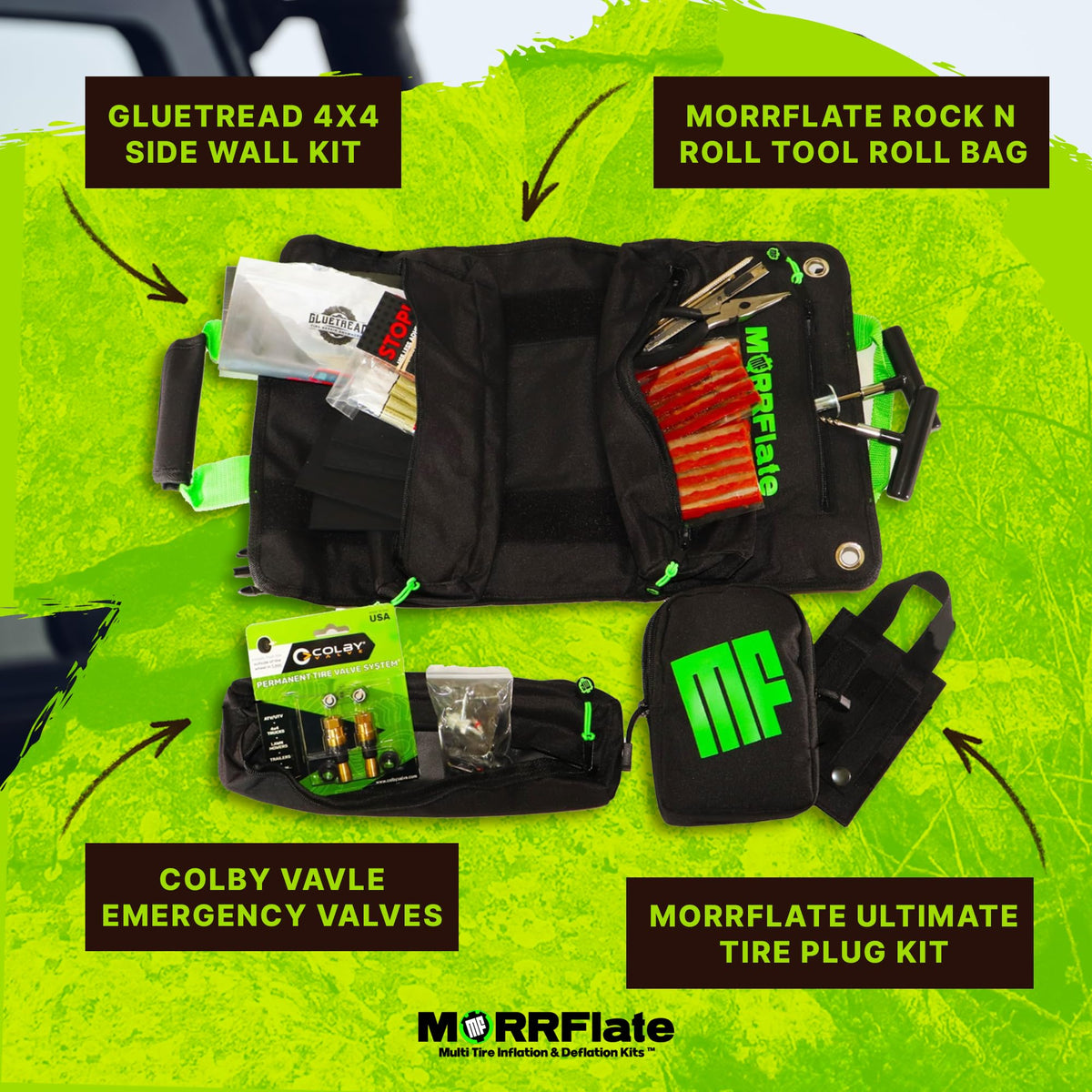MORRFlate Xtreme 4×4 Tire Repair Kit Complete Off-Road Tire Repair Includes Tool Roll Bag, Tire Plug Kit, GlueTread Sidewall Tire Repair Kit, and Two Colby Valve Permanent Valve Stem Replacements
