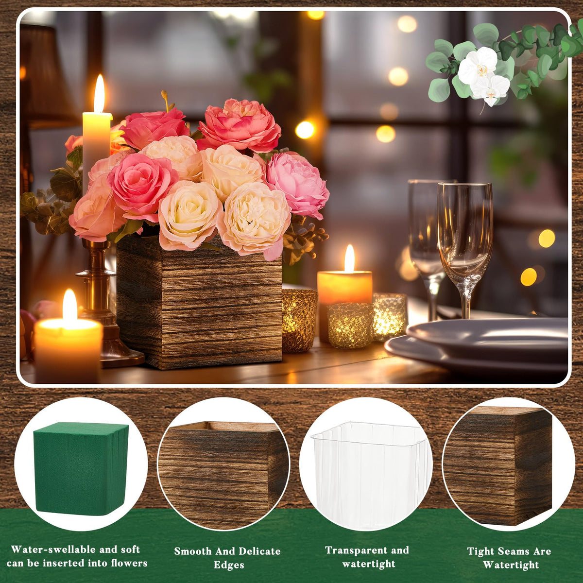 Dandat 12 Set Wood Cube Planter Box Square Wood Vase Rustic Cube Planter Box with Removable Plastic Liner Floral Foam Blocks for Centerpieces Home Wedding Garden Decor, Country Style (Brown)