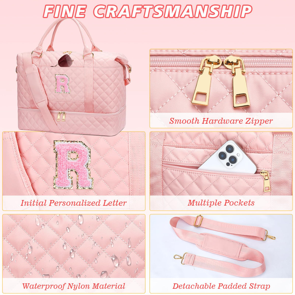 Gifts for Women Teen Girls Birthday Initial Travel Duffle Bag Quilted Weekender Bags Carry-On Overnight with Cosmetic Bag, Gym Bag with Shoe Compartment, Pink-R