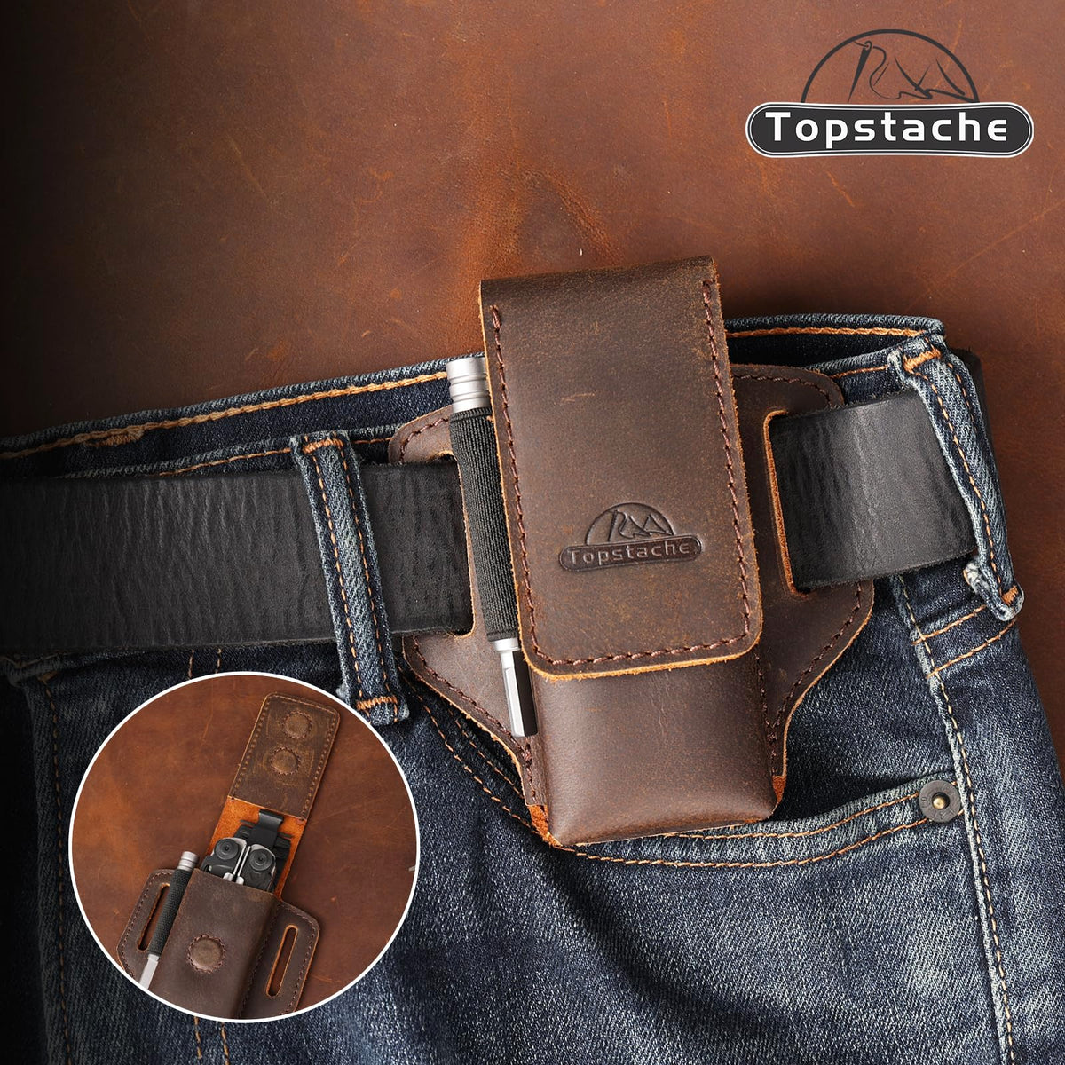 Topstache Leather Multitool Sheath for Belt - Multitool Holder - EDC Belt Organizer - Two Magnetic Closure - Darkbrown