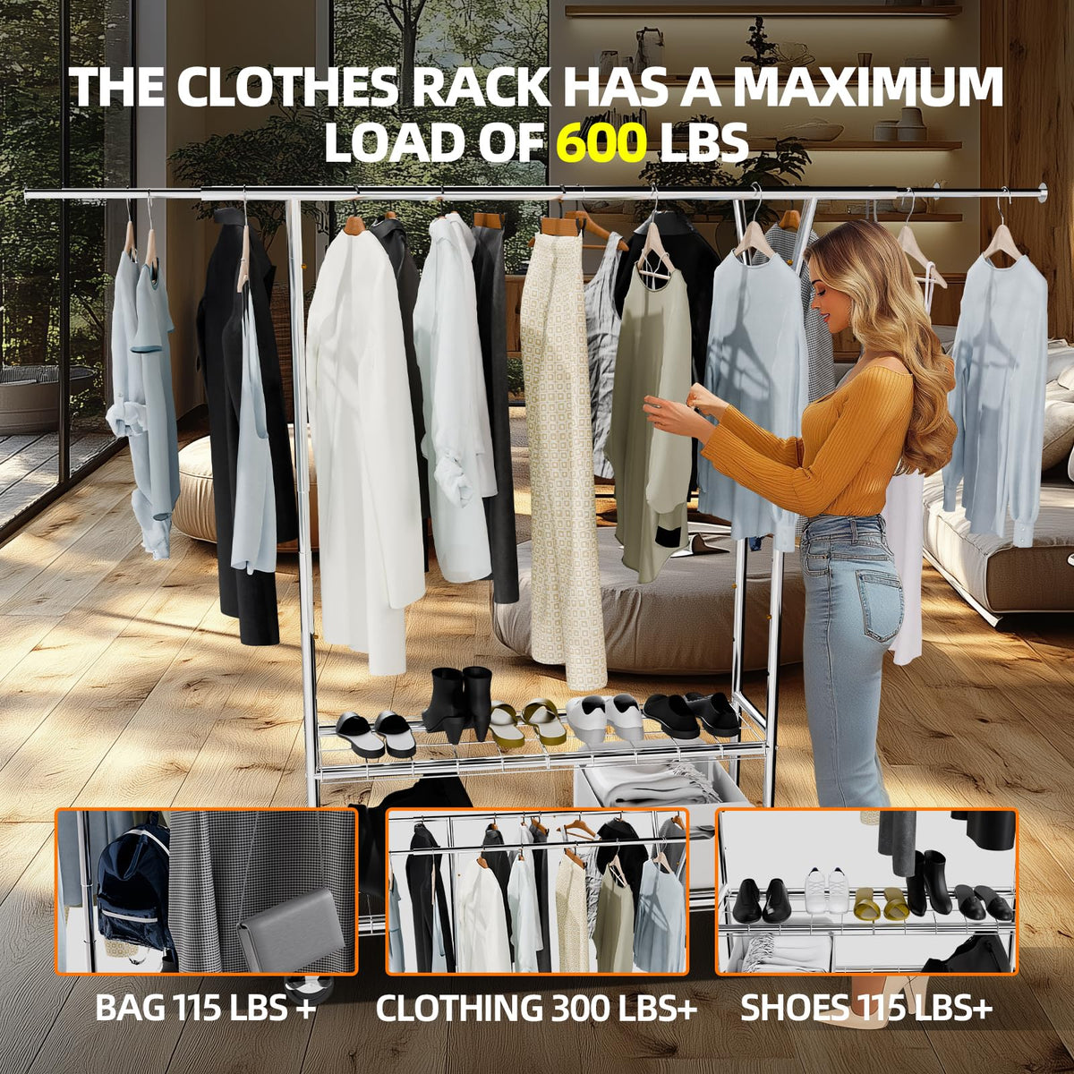 FAHKNS Clothes Rack, 74.5'' W Clothing Rack, Rolling Heavy Duty Clothes Rack, Load 600 Lbs with Wheels, Double Rod Clothing Racks for Hanging Clothes, Adjustable Garment Rack Commercial Portable