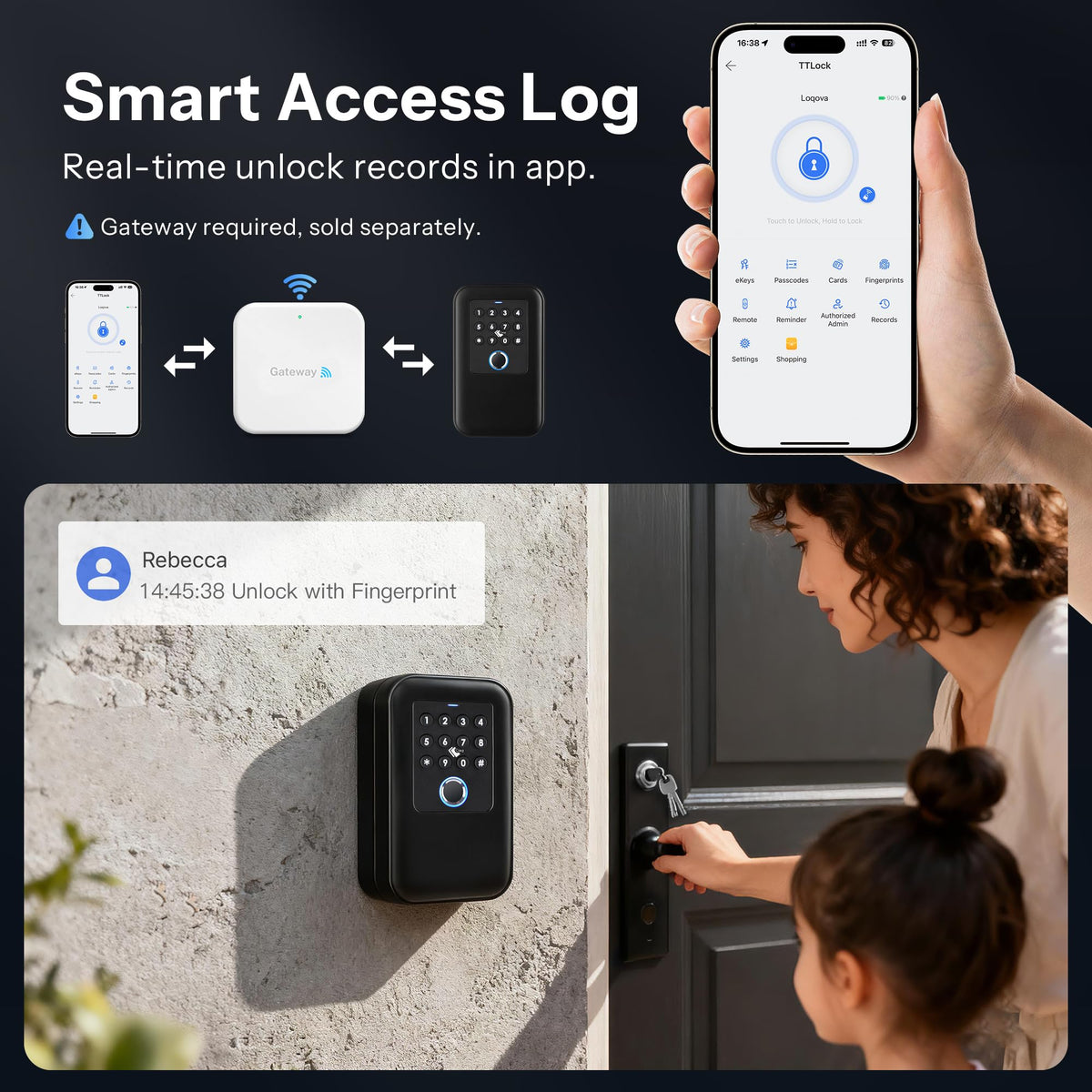 LOQOVA Smart Key Lock Box with Fingerprint, Passcode, TT-lock App, Access Card & Manual key, IP65 Waterproof, Wall-Mount or Shackle Design for Outdoor, Large Storage Ideal for Airbnb, Family & Realtor