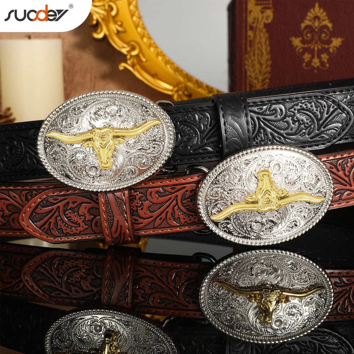 SUOSDEY Kids Western Belt for Boys Girls,Toddler Youth Cowboy Cowgirl Genuine Leather Belt with Longhorn Bull Buckle