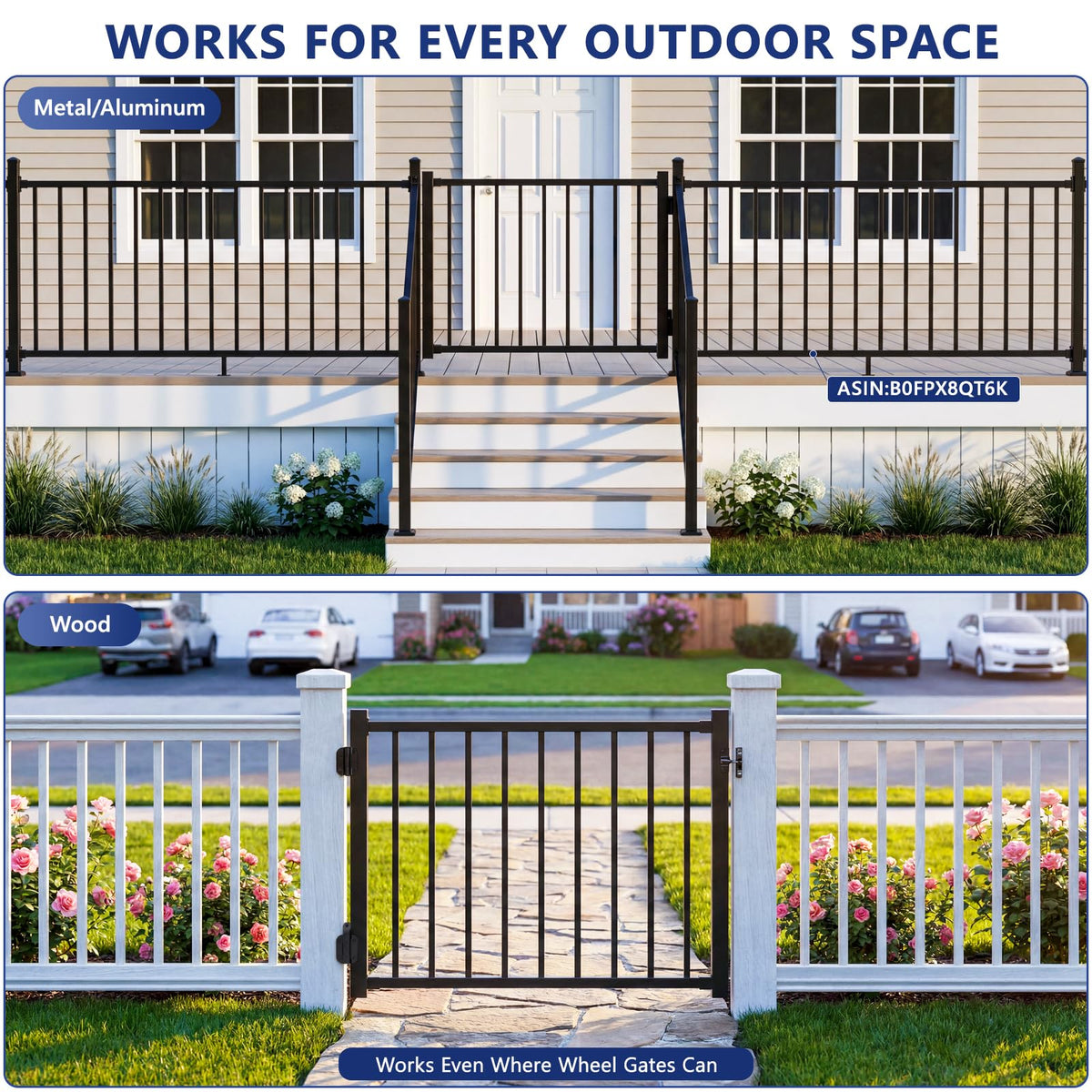 Guwezoy W.4ft x H.36in Aluminum Deck Gate Outdoor, Cuttable Porch Gate Kit with Latch and Auto-Closing Hinge, AAMA 2604–Grade Sand-Texture Black Outdoor Gate for Deck Railing Patios, Porch, Garden