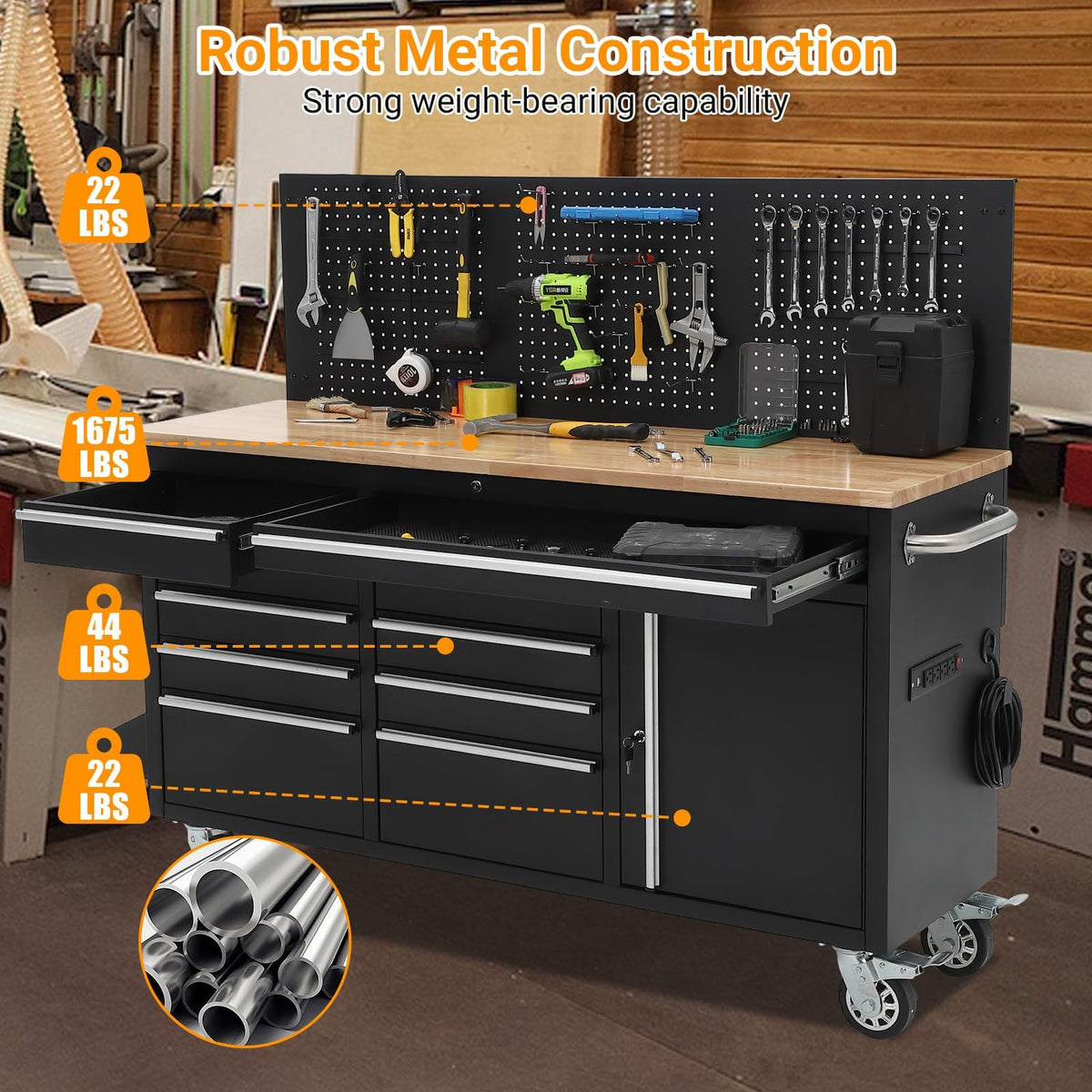 61" Rolling Tool Chest Workbench with 10-Drawers & Solid Rubber Wood Top, Mobile Heavy Duty Tool Storage Cabinet with Lock, Casters, Drawer Liner & 1675 LBS Load Capacity, Includes Power Strip