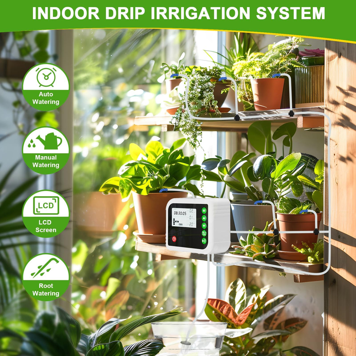 Automatic Plant Water Indoor, 15 Potted Plants Self Watering System, Automatic Drip Irrigation Kit Plant Watering Devices Programmable Water Timer, LED Display and Power Supply