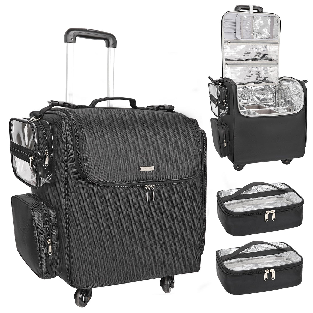 Relavel Rolling Makeup Train Case, Professional Hairstylist Traveling Bag with 4 Wheels & 2 Pouches, Adjustable Dividers, Heat Insulation Full Layer, Portable Cosmetics Storage Organizer Suitcase