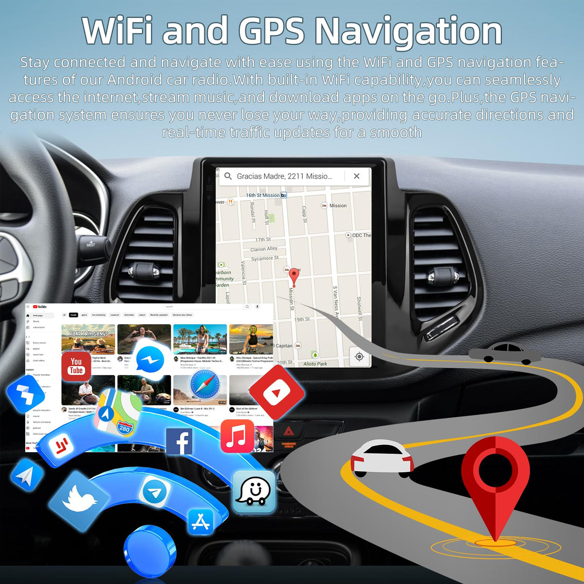 9.7 Inch Car Stereo for Jeep Compass 2017 2018 2019, 2+64G Android Touchscreen Radio with Wireless Carplay & Android Auto/WiFi/HiFi/GPS Navigation/Mirror Link/SWC, AHD Backup Camera