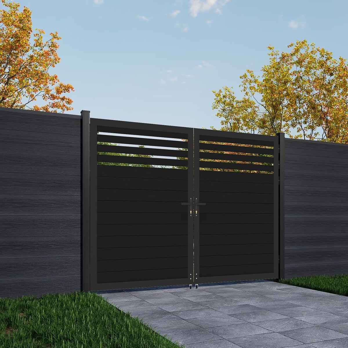 Mondaria Aluminum Double Fence Gate, 6FT H x 10FT W Outdoor Driveway Privacy Gate with Heavy Duty Metal Frame, Rustproof Powder-Coated Gate with Lockable Handle Kit, Semi-Privacy (Posts Not Included)