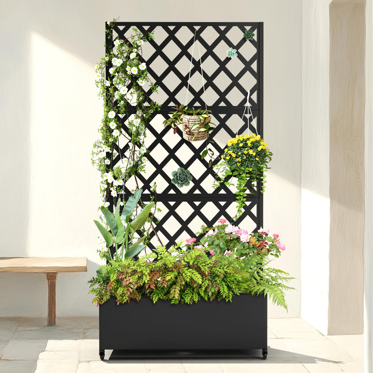 Metal Raised Garden Bed with Diamond Lattice Trellis, Outdoor Planter Box for Climbing Plants Vegetables Vines, Galvanized Garden Box with Drainage Holes and Wheels, Black (35.4"L x 16.7"W x 73.2"H)