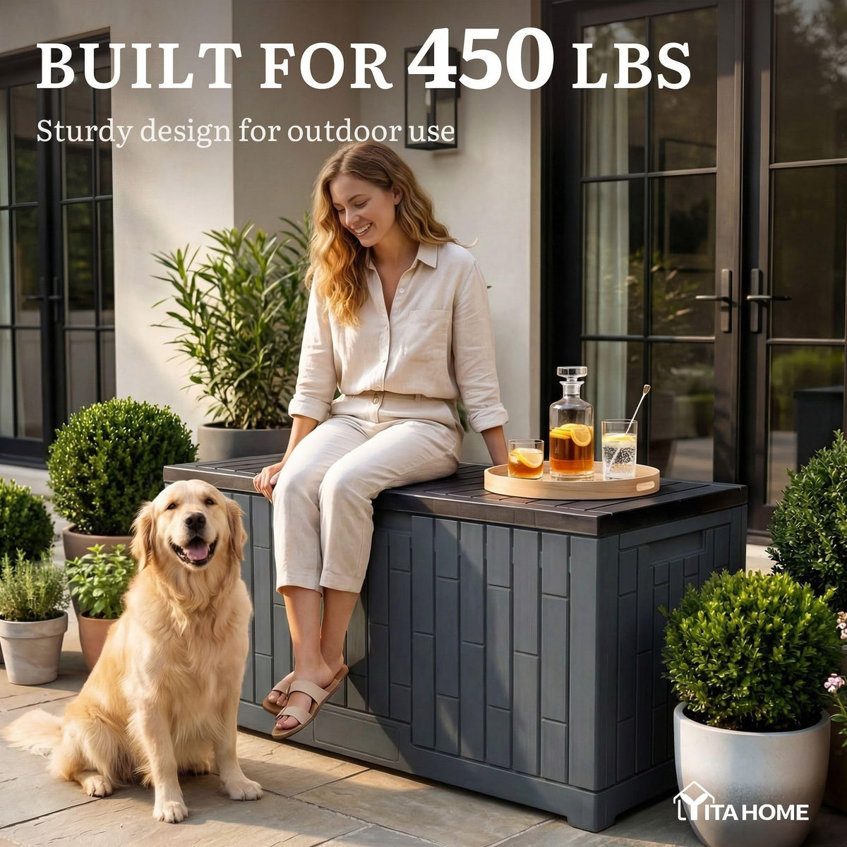 YITAHOME Large Deck Box 120 Gallon Resin Outdoor Storage Box with Slide-Locking Lid, Patio Storage Bin Bench Seat for Outdoor Pillows, Garden Tools and Pool Supplies, Waterproof Lockable, Dark Gray
