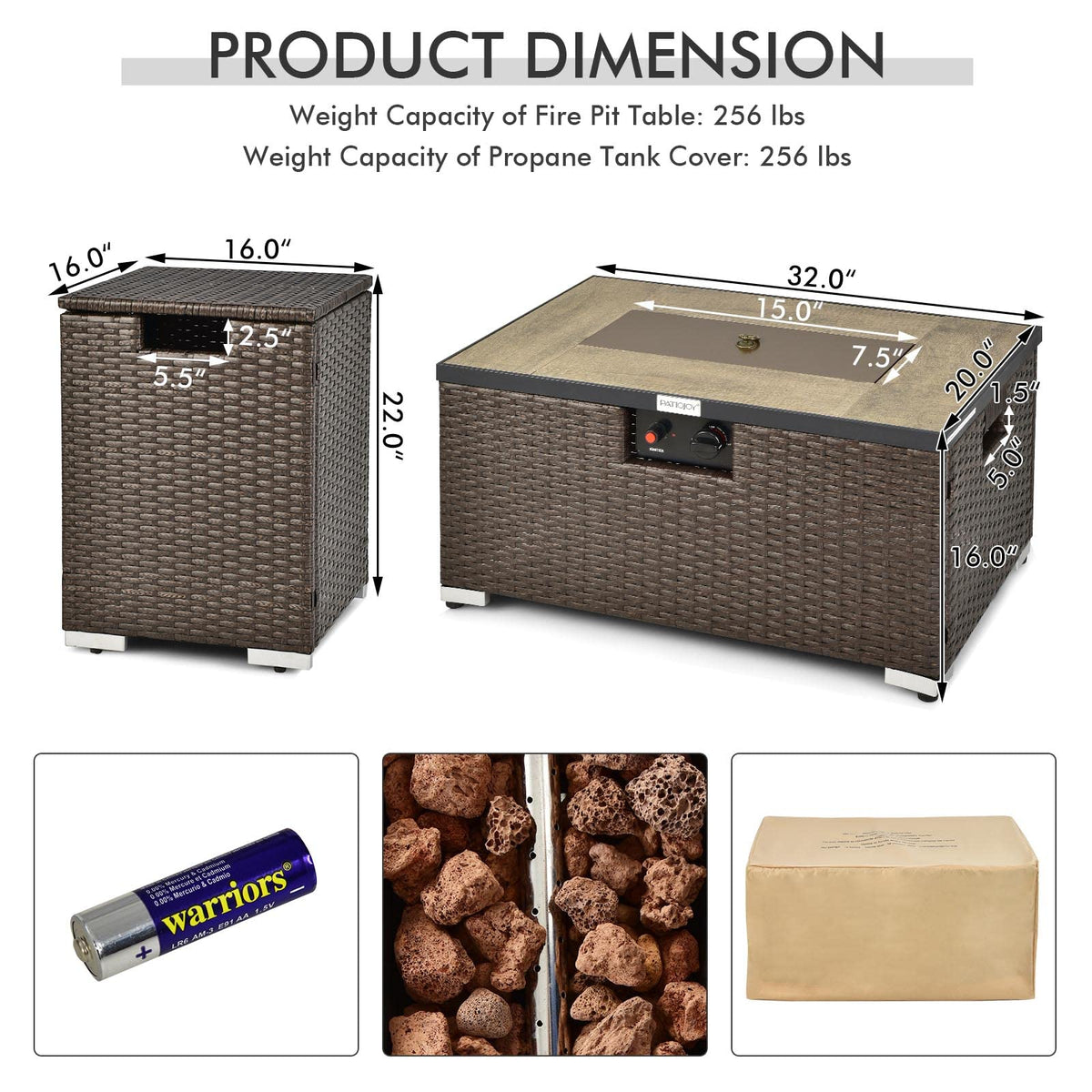 ARLIME Outdoor Propane Fire Pit Table, 40,000 BTU Propane Fire Pit Table with Tank Cover, Waterproof PVC Cover, Free Lava Rocks, Lid, Rectangular Fire Pit Table Set for Outside, Garden, Yard, Brown