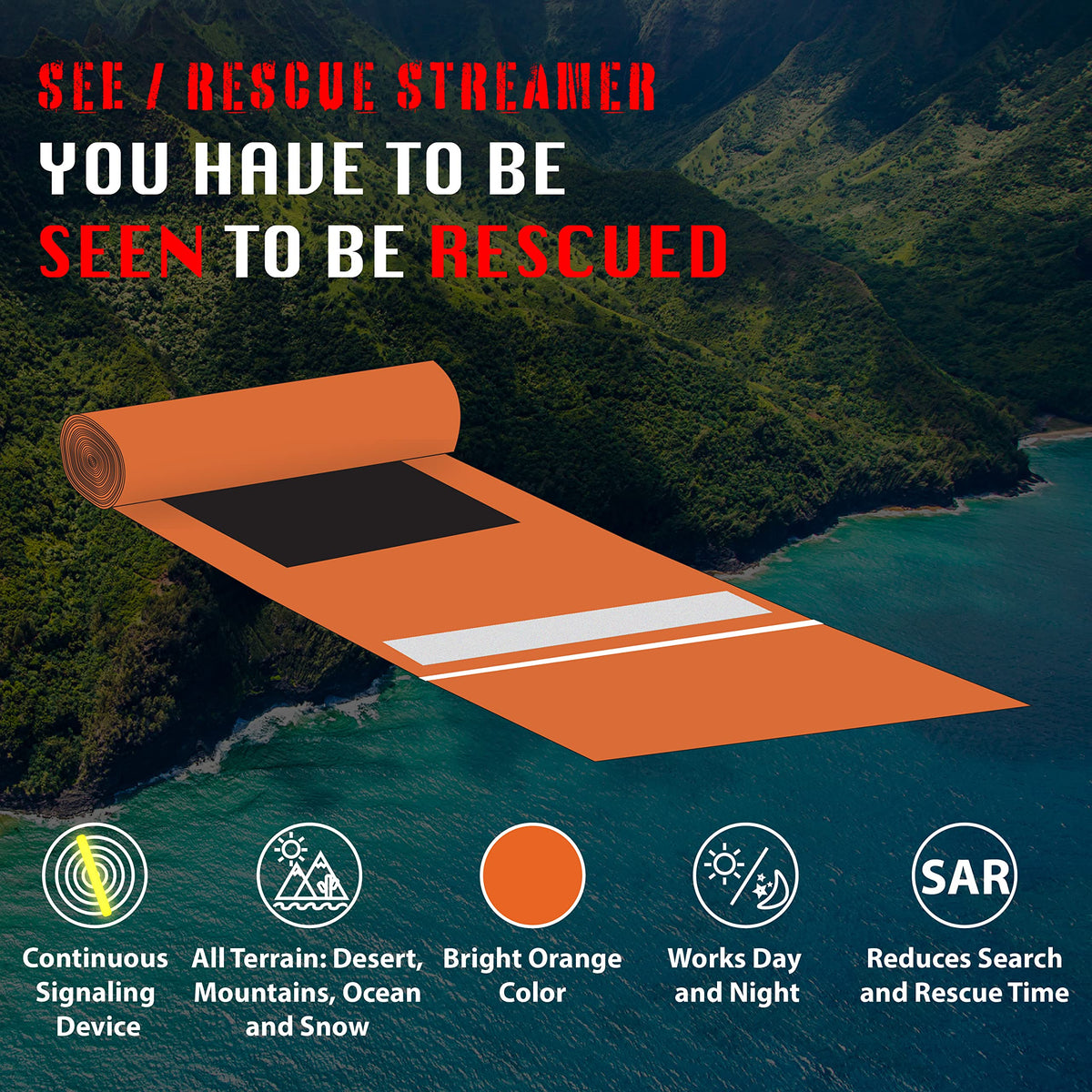 SEE/RESCUE Streamer Survival Tool - The Easy to Use, Portable Rescue Device to Use on Land, Sea, or Snow, Day or Night When Lost or Stranded to Provide Continuous Visibility, Large Lighted Streamer
