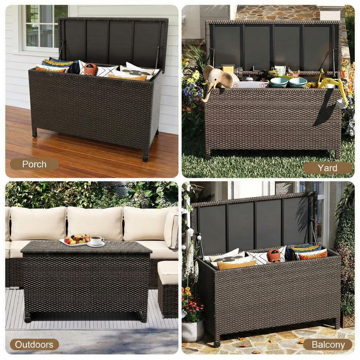 185 Gallon Wicker Deck Box, All-Weather Outdoor Storage Bin with Rattan Finish, Large Capacity for Patio Furniture, Cushions, Pool Supplies & Garden Tools (Brown)