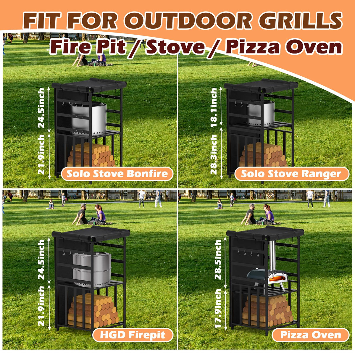 MOASKER Firewood Storage Rack for Solo Stove Bonfire Ranger Yukon Fire Pit Accessories, Black Steel with Powder Coated Finish, Adjustable Shelves, Waterproof Cover, 29.9" x 25.6" x 52.9"