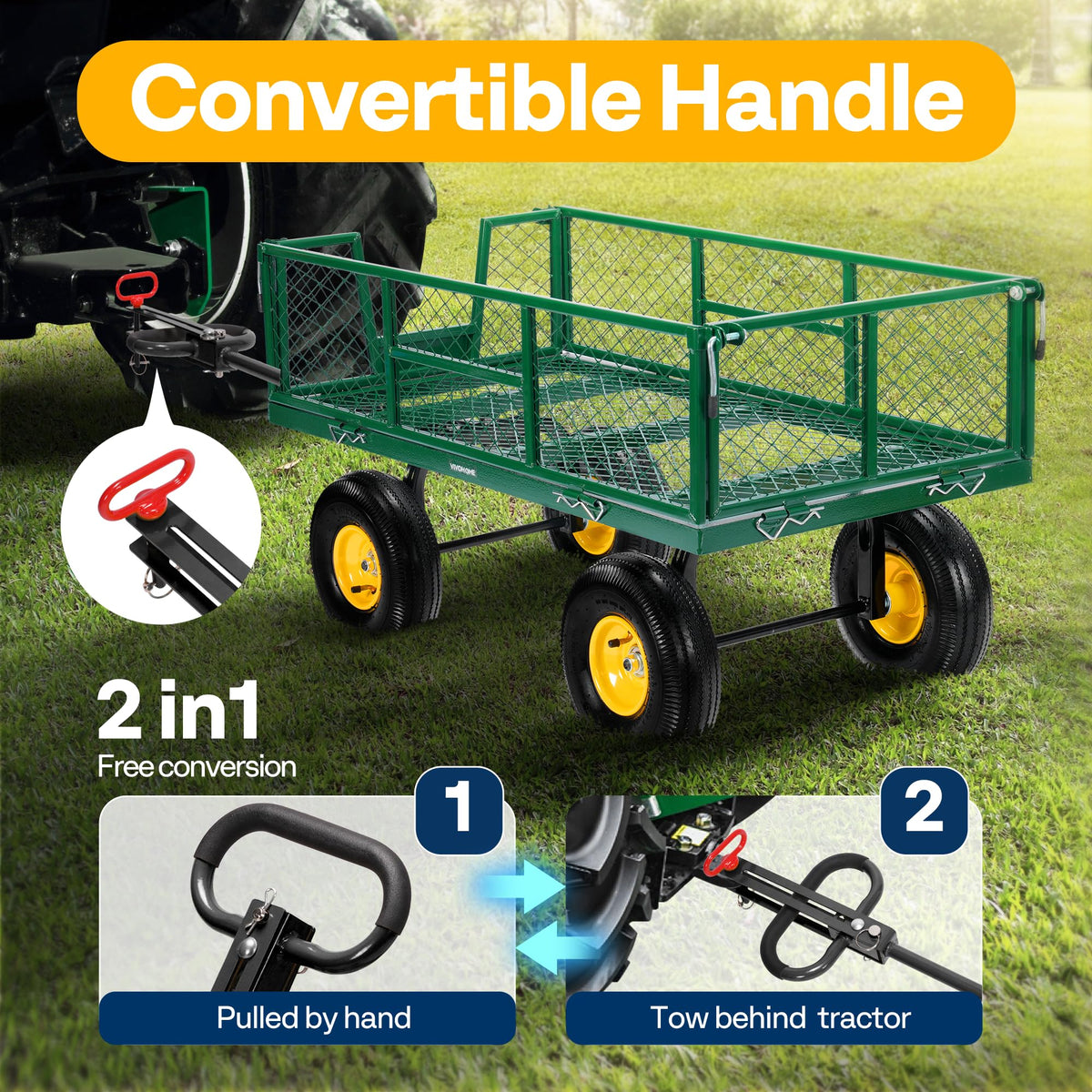 VIVOHOME Garden Cart Steel Heavy Duty 900 LBS Yard and Garden Wagon with 10 inch Tire and Handle Attach to ATV or Tractor Green
