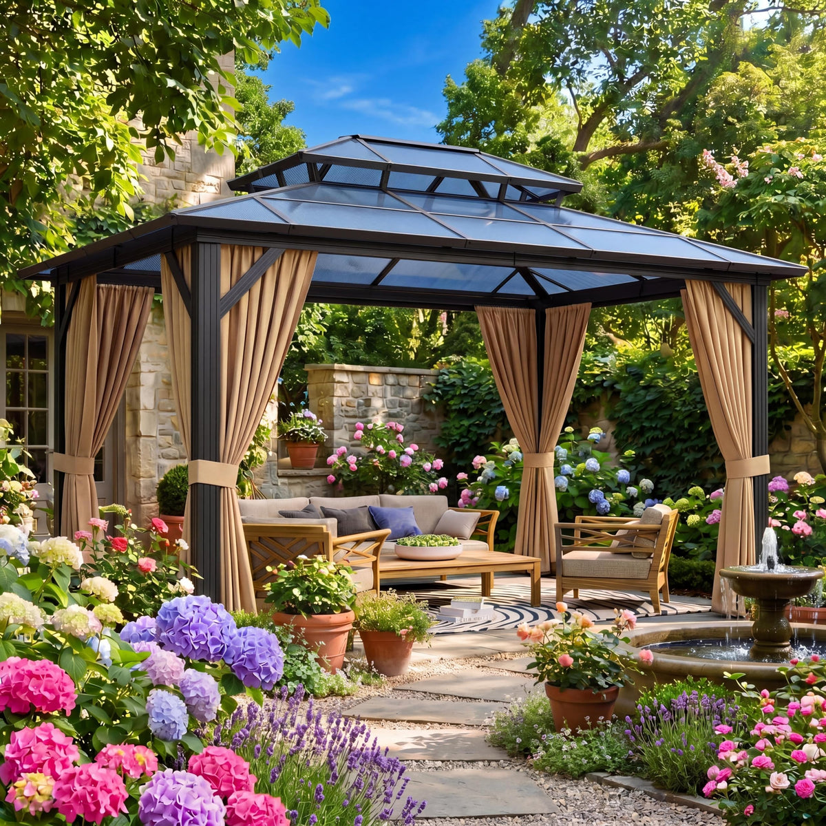 GAOMON 10'x12' Hardtop Gazebo, Outdoor Polycarbonate Double Roof Canopy, Aluminum Frame Permanent Pavilion with Curtains and Netting, Sunshade for Garden, Patio, Lawns (10x12ft)