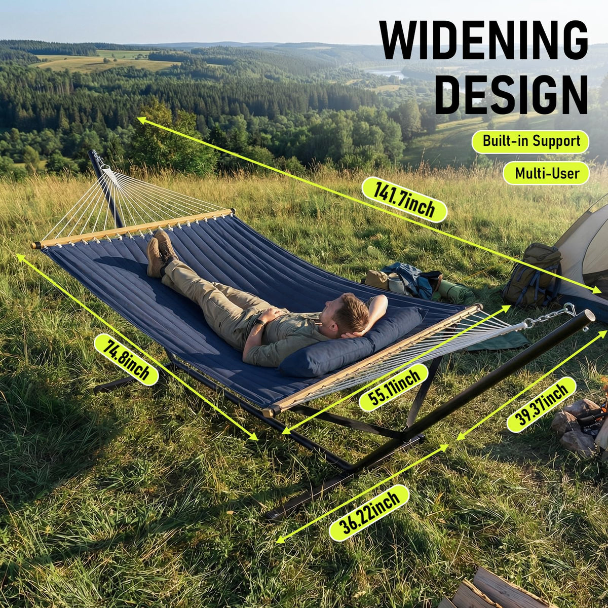 FULIYE Double Hammock with Stand for Outdoor，2 Person Heavy Duty Portable Hammock with Adjustable Steel Stand and Balance Ropes Included – for Patio, Backyard, Garden, Beach (Purplish Blue)