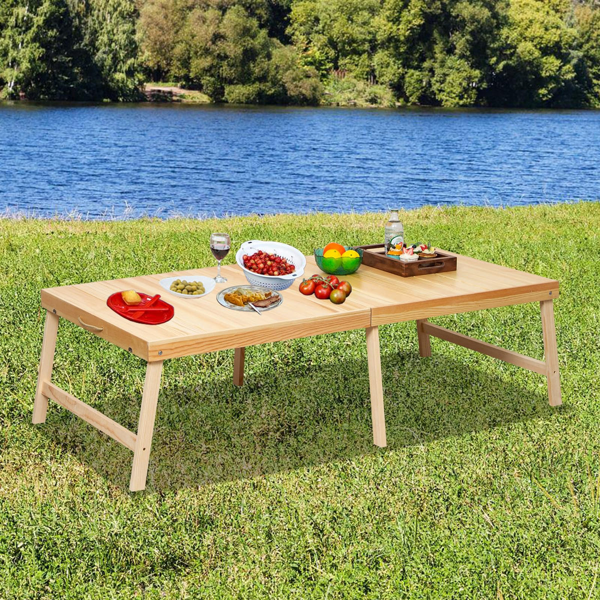 Zupemo Foldable Boho Wooden Picnic Table, No Assembly Required 60" x 30" Portable Outdoor Indoor Low Picnic Table for Floor Camping, Seating, Beach, Backyard, BBQ, Seats 6–8 People