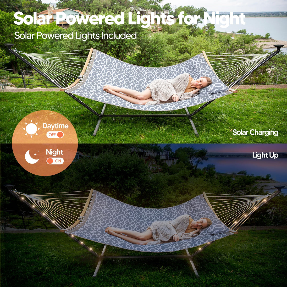 SUNCREAT Double Outdoor Hammock with 12 ft Stand, Solar Powered Lights, 2 Person Hammocks for Outside, Grey