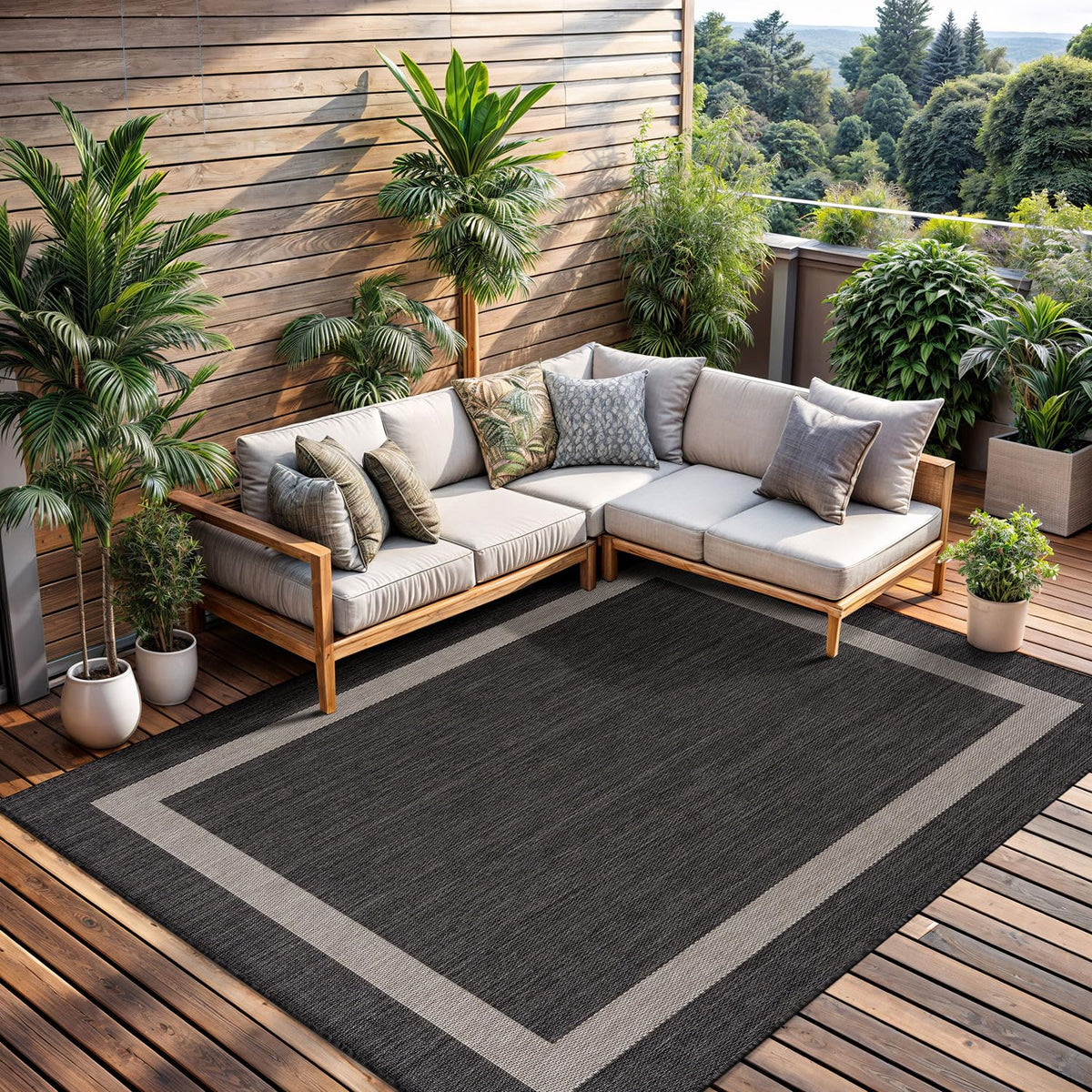 CAMILSON Outdoor Rug 8x10,Modern Outside Rugs for Patios Porches Waterproof Durable Washable Non-Shedding, Easy-to-Clean Indoor Outdoor Area Carpet (8 x 10, Bordered - Dark Gray/Light Gray)