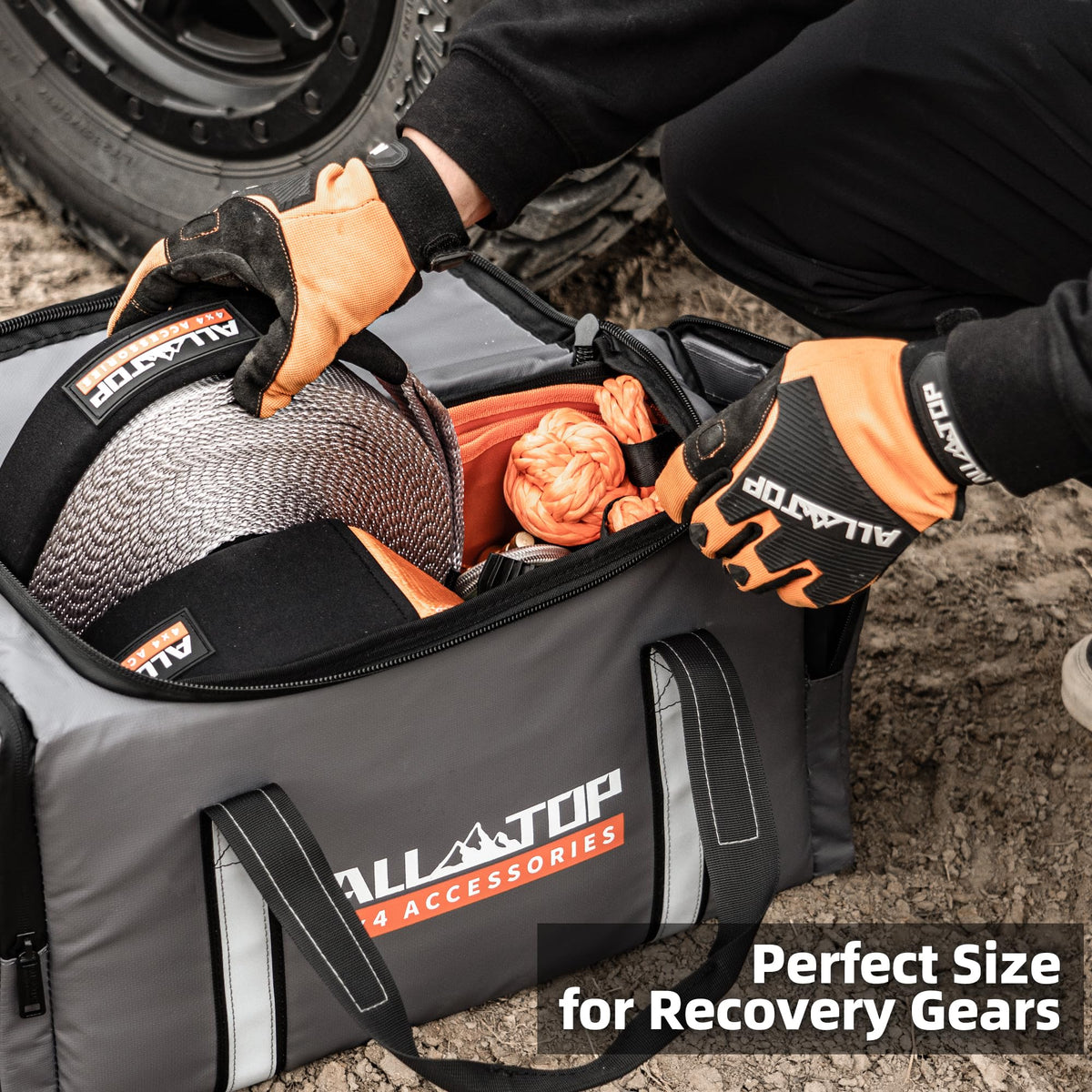 ALL-TOP Recovery Pack Pro 11in1: Water-Resist Offroad Gear Bag with Recovery Strap Kit(3), Damper, 2 Soft Shackles, SS Hitch Mount, Recovery Ring, Deflator & Gloves