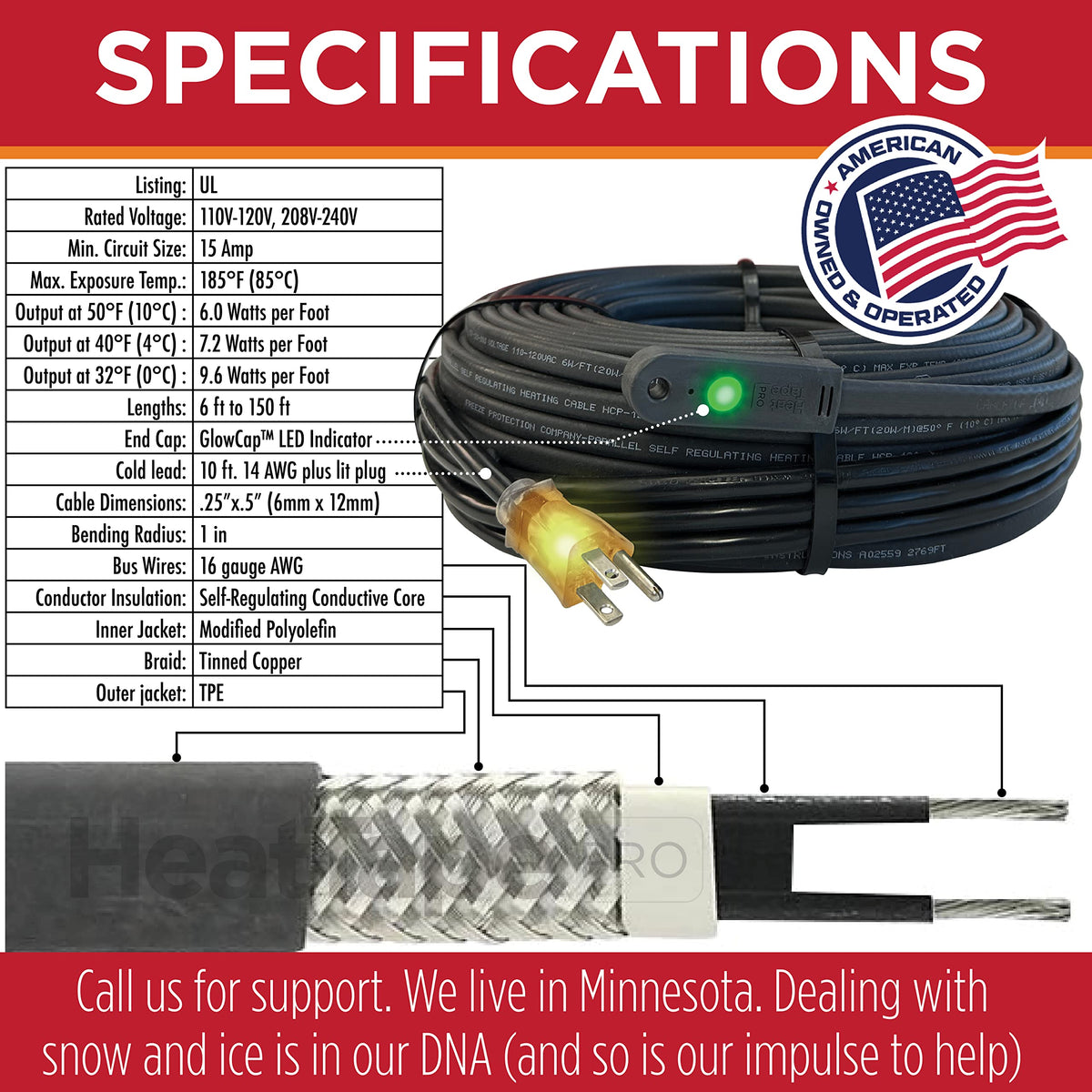 RADIANT SOLUTIONS HeatTapePro - Intelligent Commercial Grade Self-Regulating Heat Cable with GlowCap™ - 10 YR warranty - Ice Dam & Pipe Freeze Protection - 24 ft cable + 10 Ft Cord, 120V, 6 watts/Ft