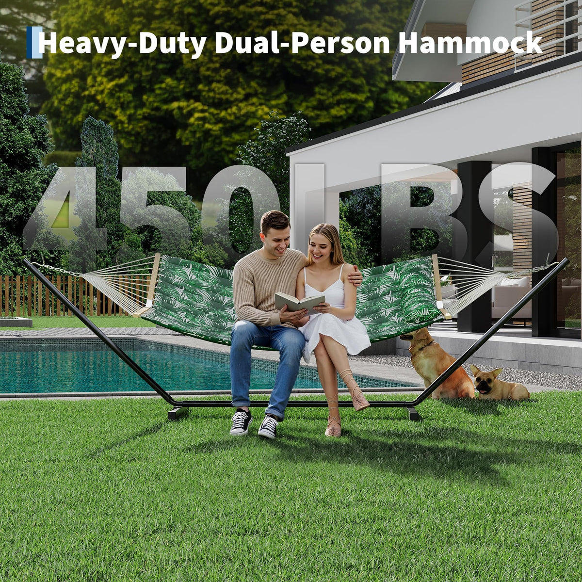 Double Hammock with Stand for Outdoor Use – 2-Person Portable Hammock with Curved Spreader Bar & Balance Ropes, Heavy Duty 450 LBS Capacity for Backyard, Patio & Camping, Green